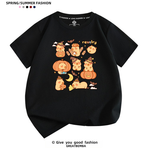 万圣节卡皮巴拉短袖T恤儿童短袖男女童装Halloween kids T-shirt