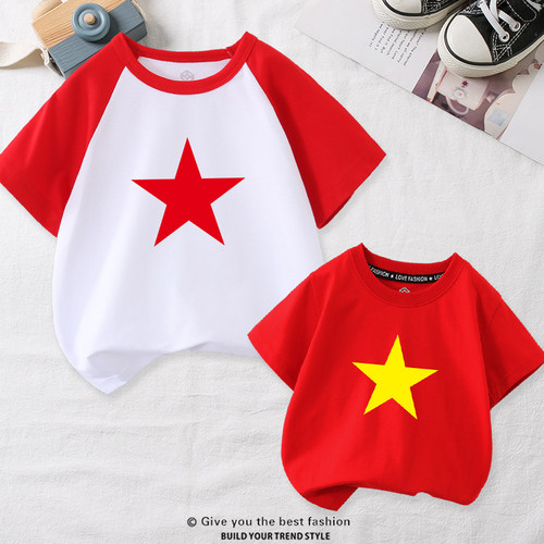 2025红色儿童T恤五角星男女童短袖夏装十一国庆童装爱国衣服班服