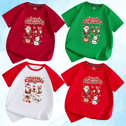 圣诞节t恤亲子装儿童男女红色Christmas T恤圣诞老人短袖麋鹿雪人