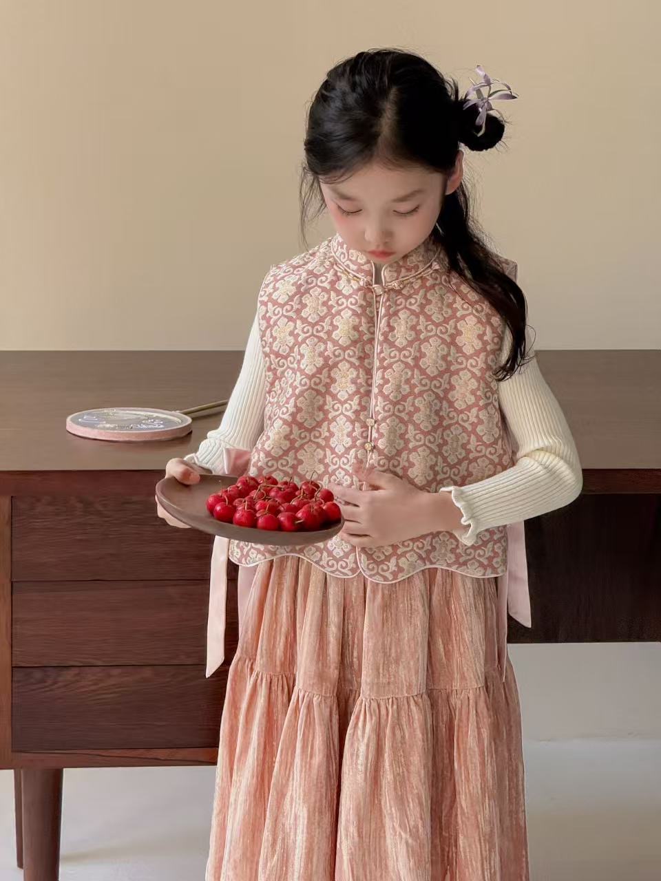 提花女童新中式套装儿童国风旗袍马甲sirq半身长裙套装宝宝春秋冬