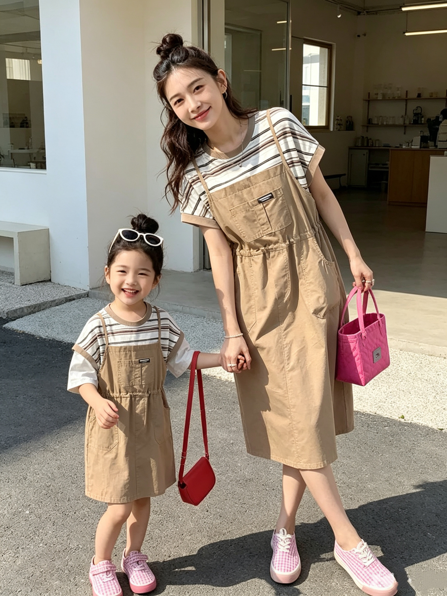 亲子装女童儿童条纹背带群假两件连衣裙母女装T恤裙夏季