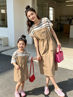 亲子装女童儿童条纹背带群假两件连衣裙母女装T恤裙夏季