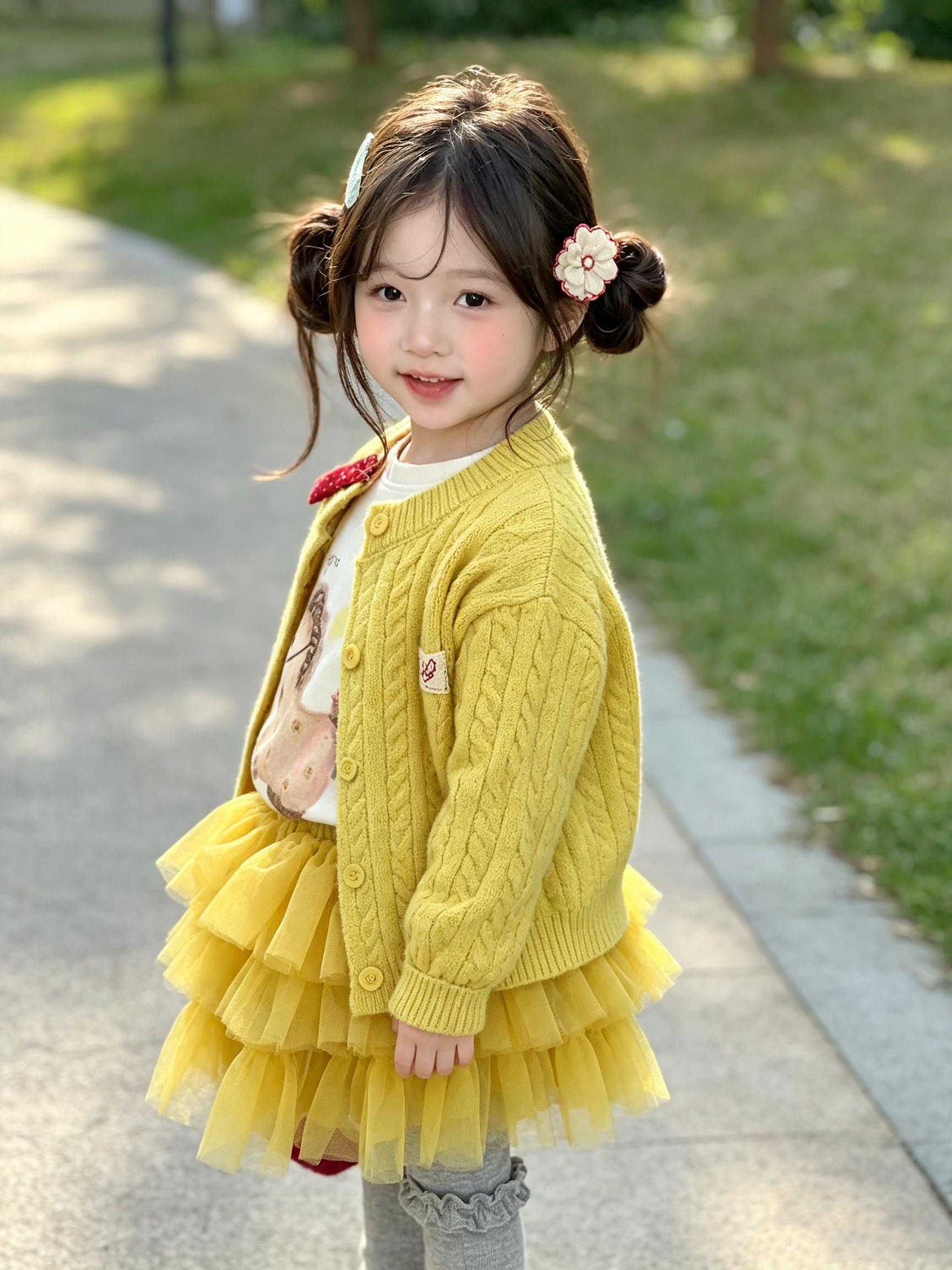 黄色女童春秋针织开衫毛衣套装洋气麻花毛衫宝宝网纱tutu裙裤秋冬 - 实物图