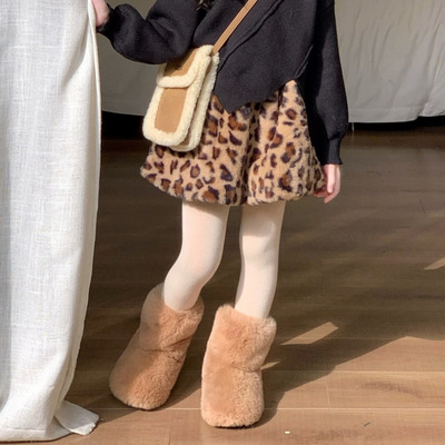 洋气豹纹女童毛毛短裙外穿裙裤保暖加厚小童冬裙