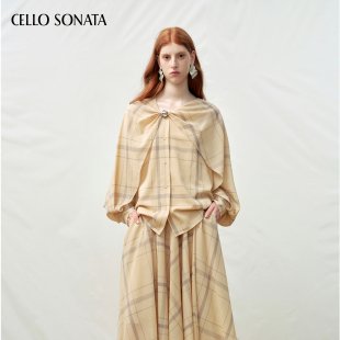Sonata Cello 25秋 黄色亚麻羊毛银珠斗篷法式 上衣女 衬衫 新款