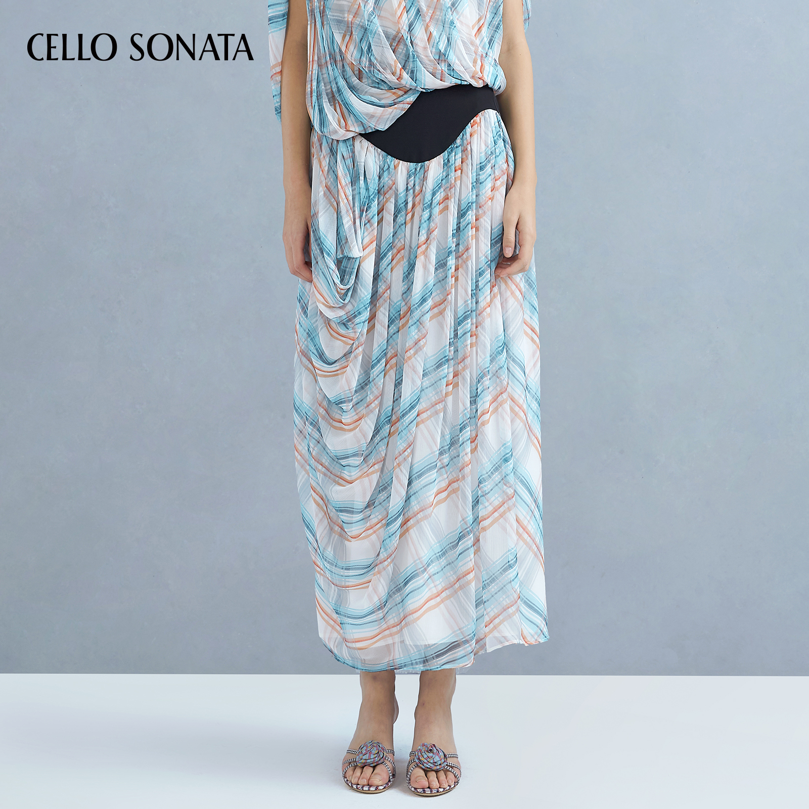 Cello Sonata25春夏新款 格纹撞色拼接人丝垂荡半裙半身裙