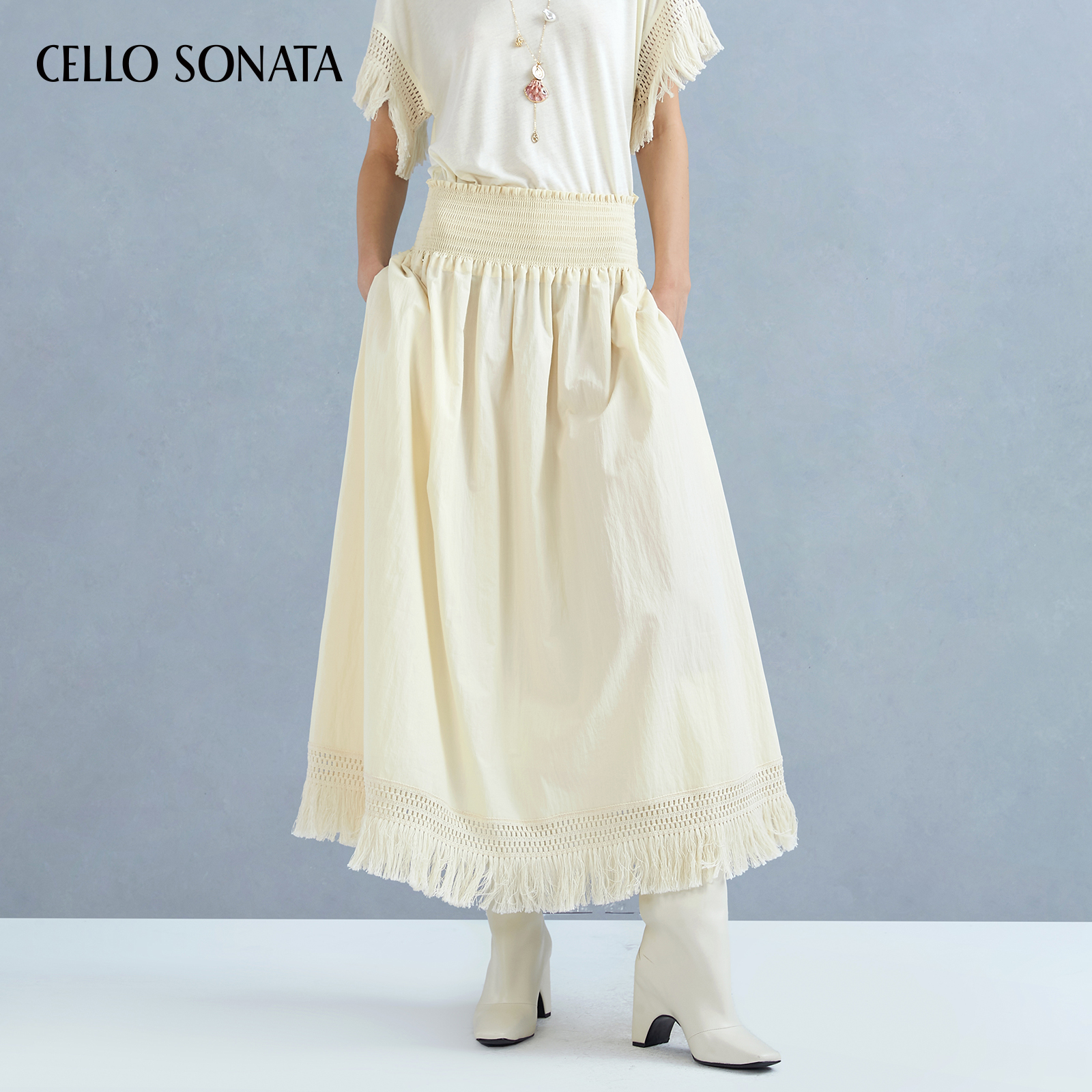 Cello Sonata25春夏新款 米色通勤日常镂空花边拼接半裙女半身裙