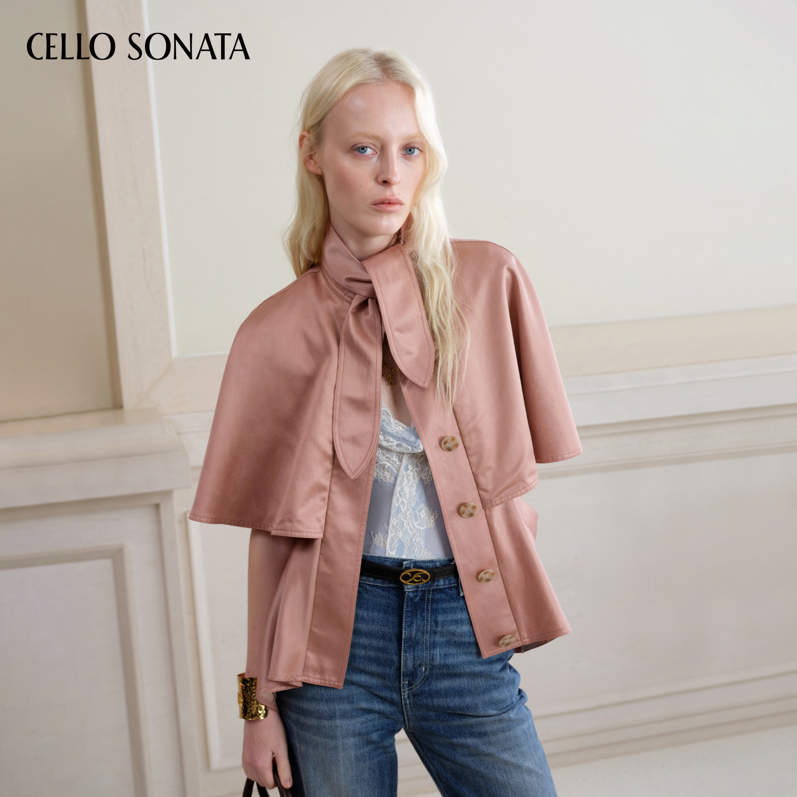 【新款】Cello Sonata 26春 浅粉色铜氨丝无袖系带斗篷风衣外套女,女装/女士精品,风衣,淘宝优惠券,粉丝福利购,淘宝优惠卷