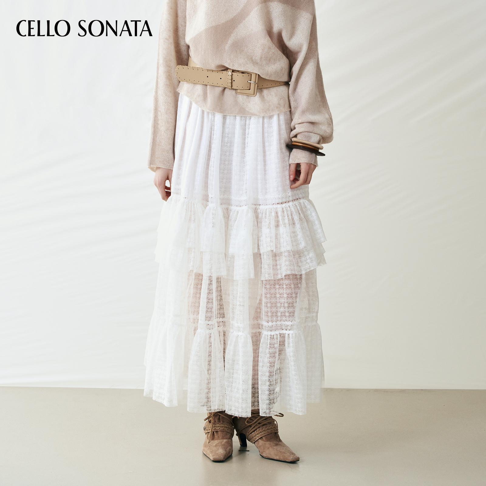 【新款】Cello Sonata 25秋 同情白色蕾丝拼接蛋糕裙半身裙伞裙女