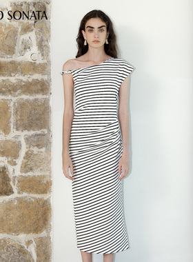 Cello Sonata春夏系列 编织不规则人造丝褶皱通勤斜肩连衣裙