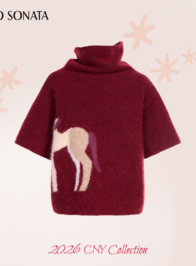 Cello Sonata马年限定羊驼马海毛艺术家联名红色针织短袖堆领毛衣