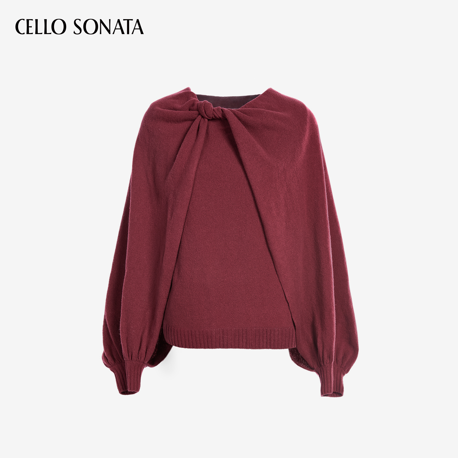 【新款】Cello Sonata 25冬 扭结酒红不规则全羊毛斗篷上衣针织衫