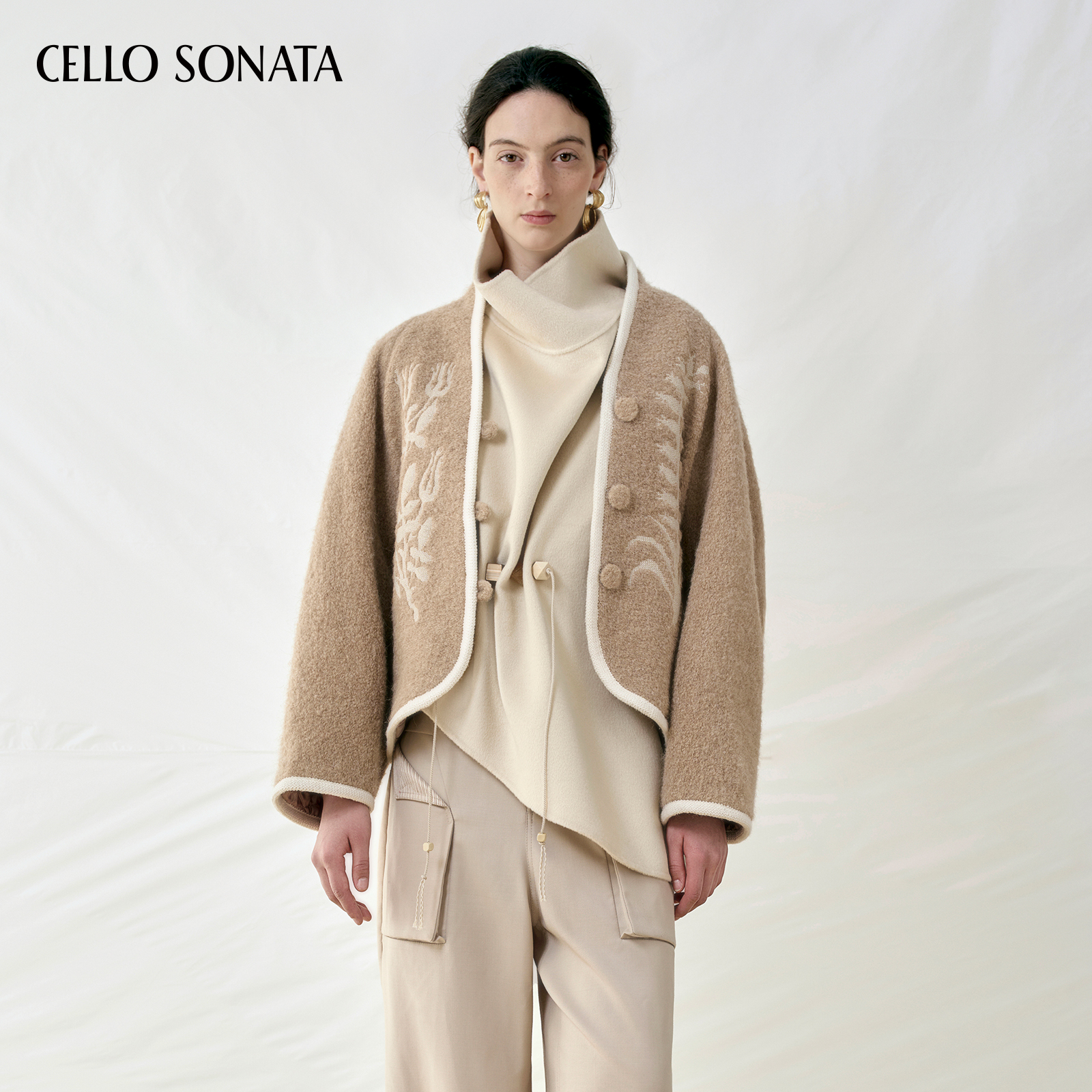 【新款】Cello Sonata 25秋十字绣花宽松羊驼毛开衫刺绣短款外套