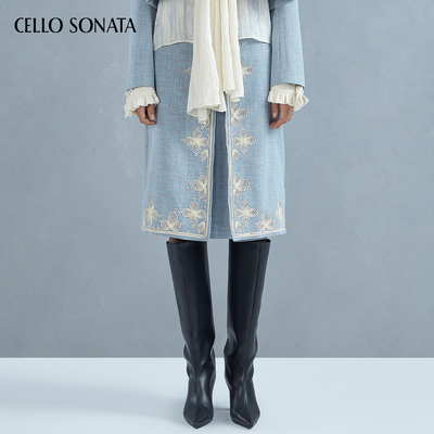Cello Sonata 春夏新款 宫廷风蓝色盘带绣半身裙休闲法式刺绣半裙
