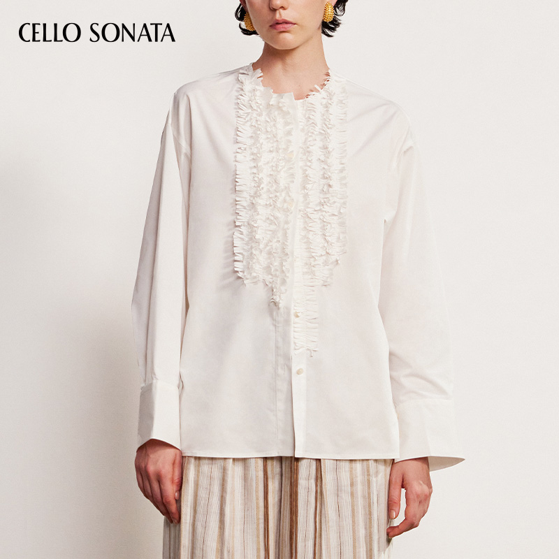 Cello Sonata春夏新品 白色流苏装饰无领宽松休闲衬衫上衣