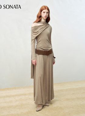 【新款】Cello Sonata 25秋 浅棕法式羊毛斜肩露肤飘带针织连衣裙