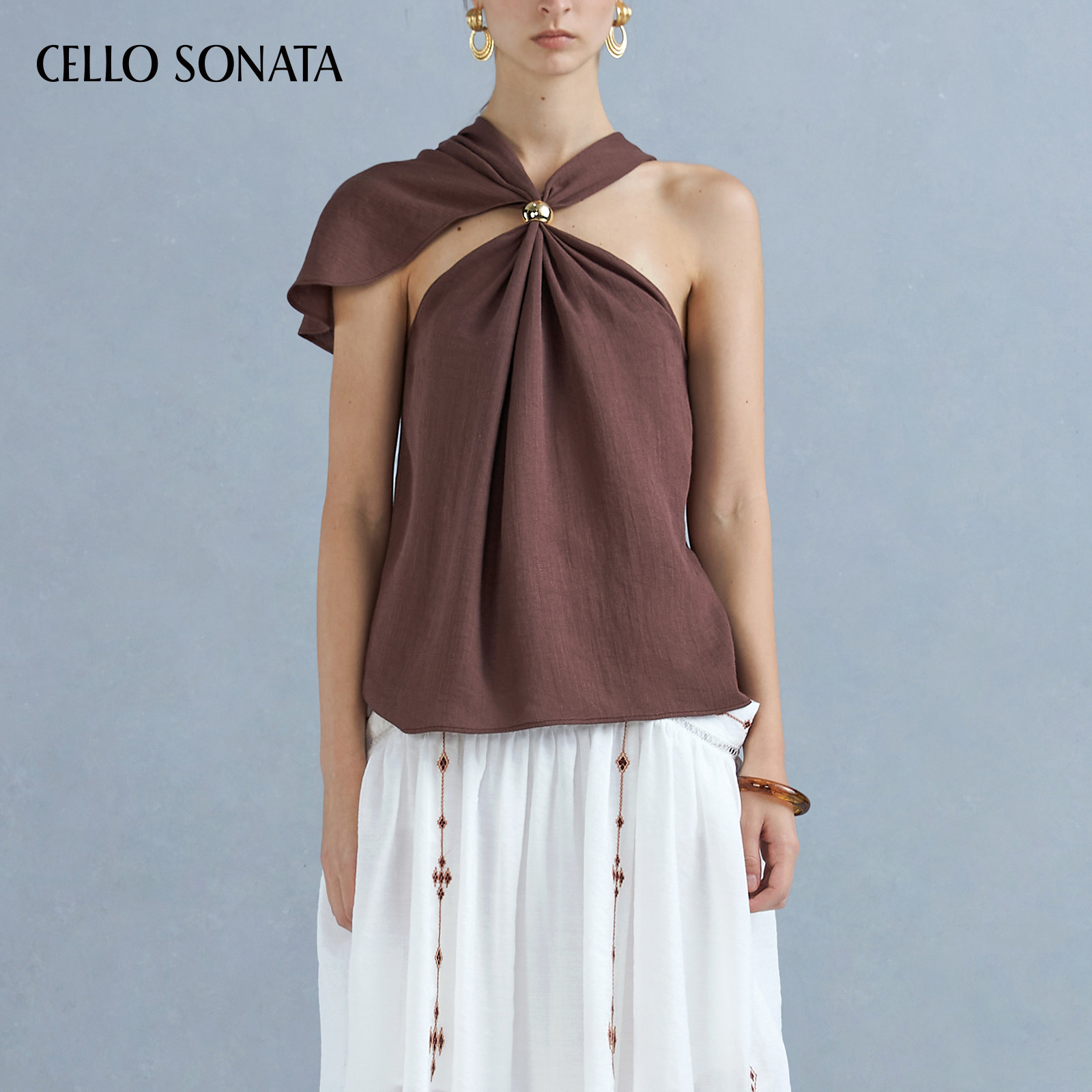 Cello Sonata 春夏新款 穿珠挂脖亚麻上衣披肩设计感无袖背心,女装/女士精品,T恤,淘宝优惠券,粉丝福利购,淘宝优惠卷