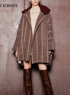 【鹦鹉梨严选】Cello Sonata 纯羊毛外套格纹斗篷大衣 CS84CT23H
