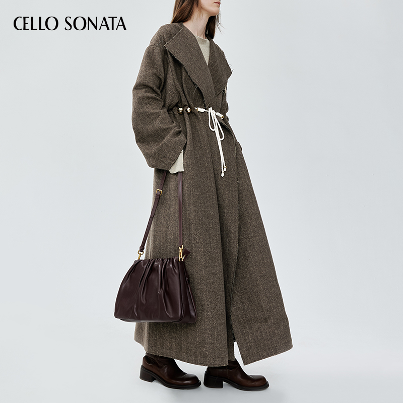 Cello Sonata秋冬新款通勤百搭咖色串珠抽绳毛边羊毛大衣长款风衣