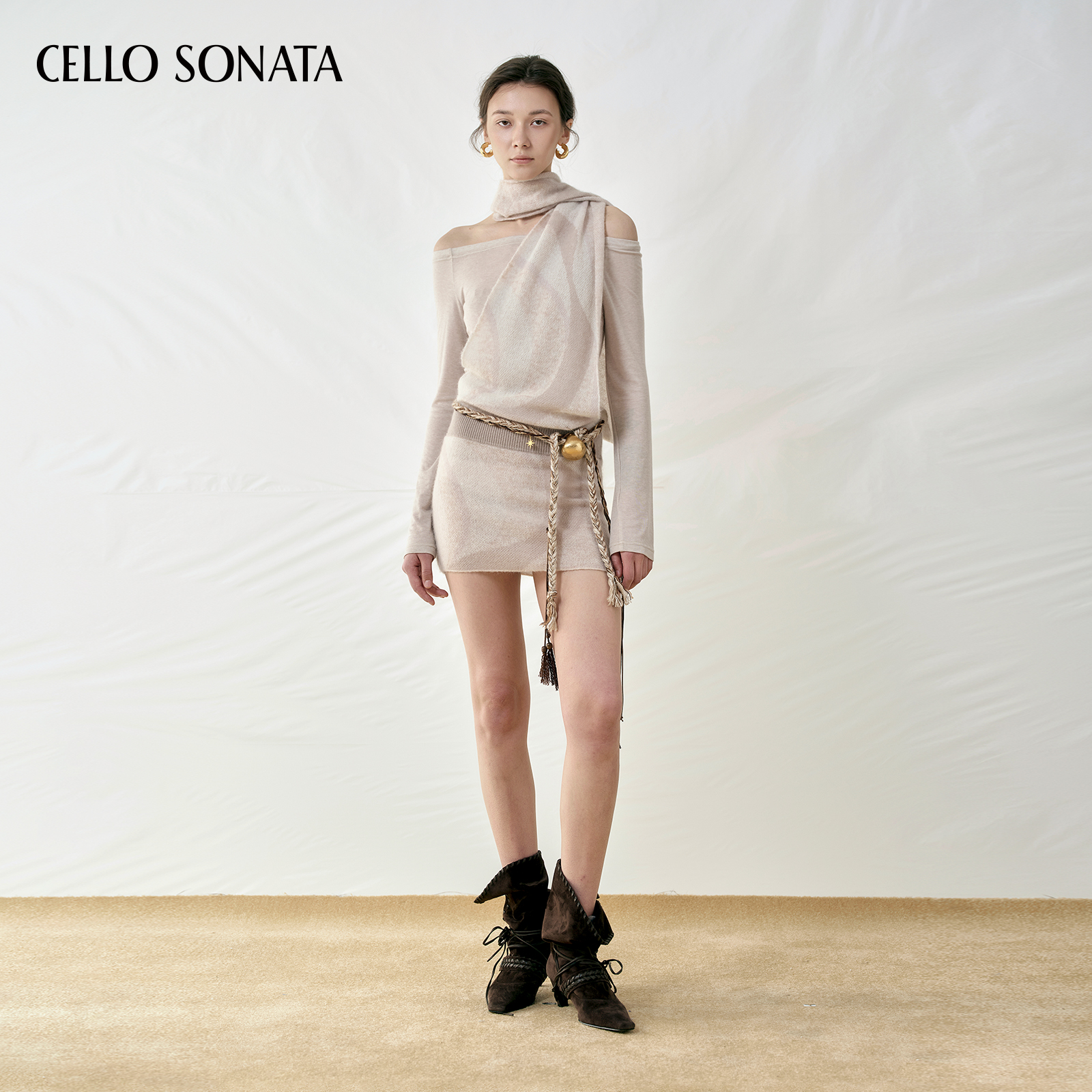 【新款】Cello Sonata 25秋 露肩原创波纹飘带针织裙羊毛连衣裙女