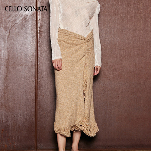 Cello Sonata秋冬款 高级感中长百搭卡其色羊毛流苏抽皱开衩半裙