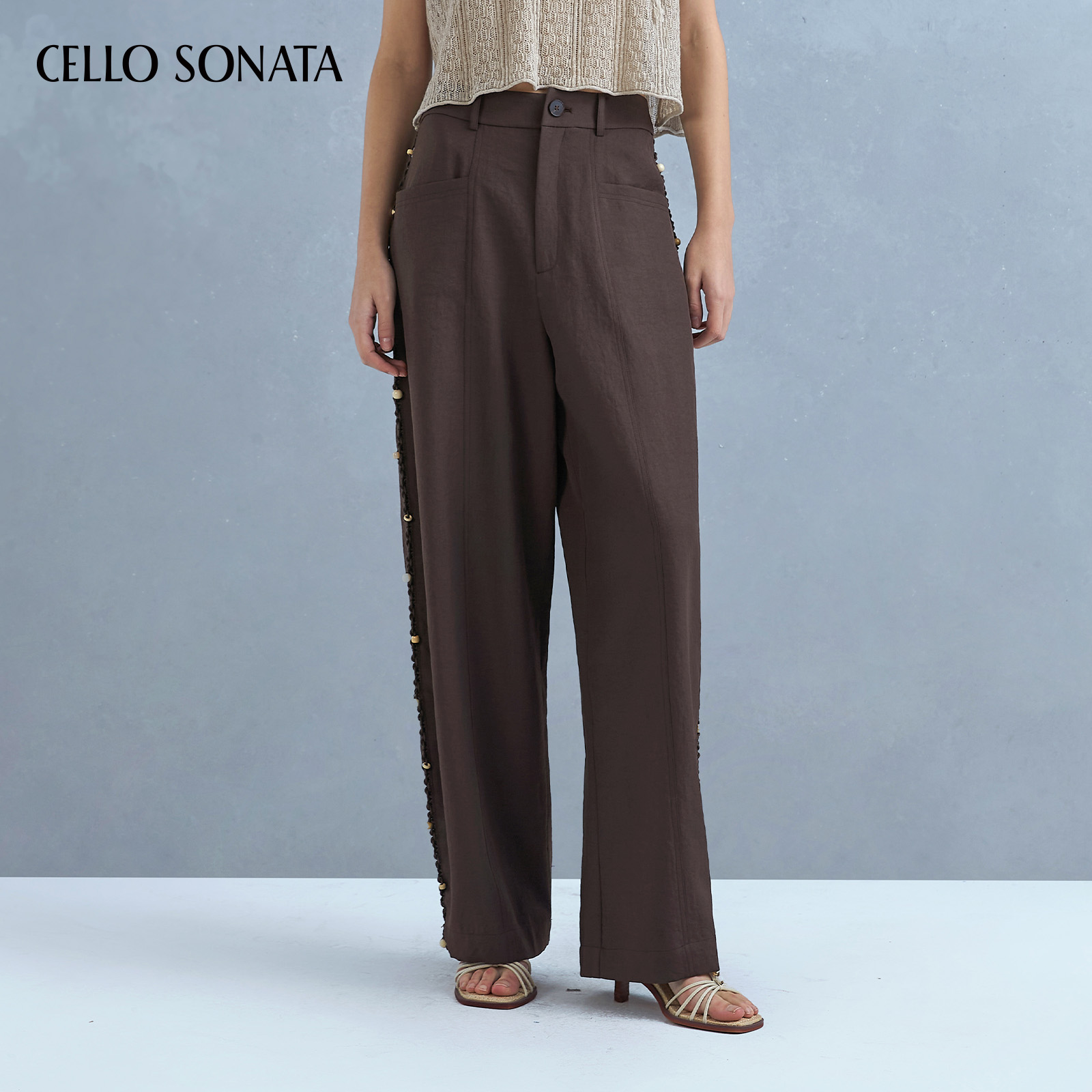 Cello Sonata25春夏新款 深棕色手工串珠织带香蕉裤异域风休闲裤