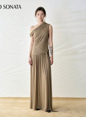 【新款】Cello Sonata 25秋 天丝气质收腰修身露肩斜肩金珠连衣裙