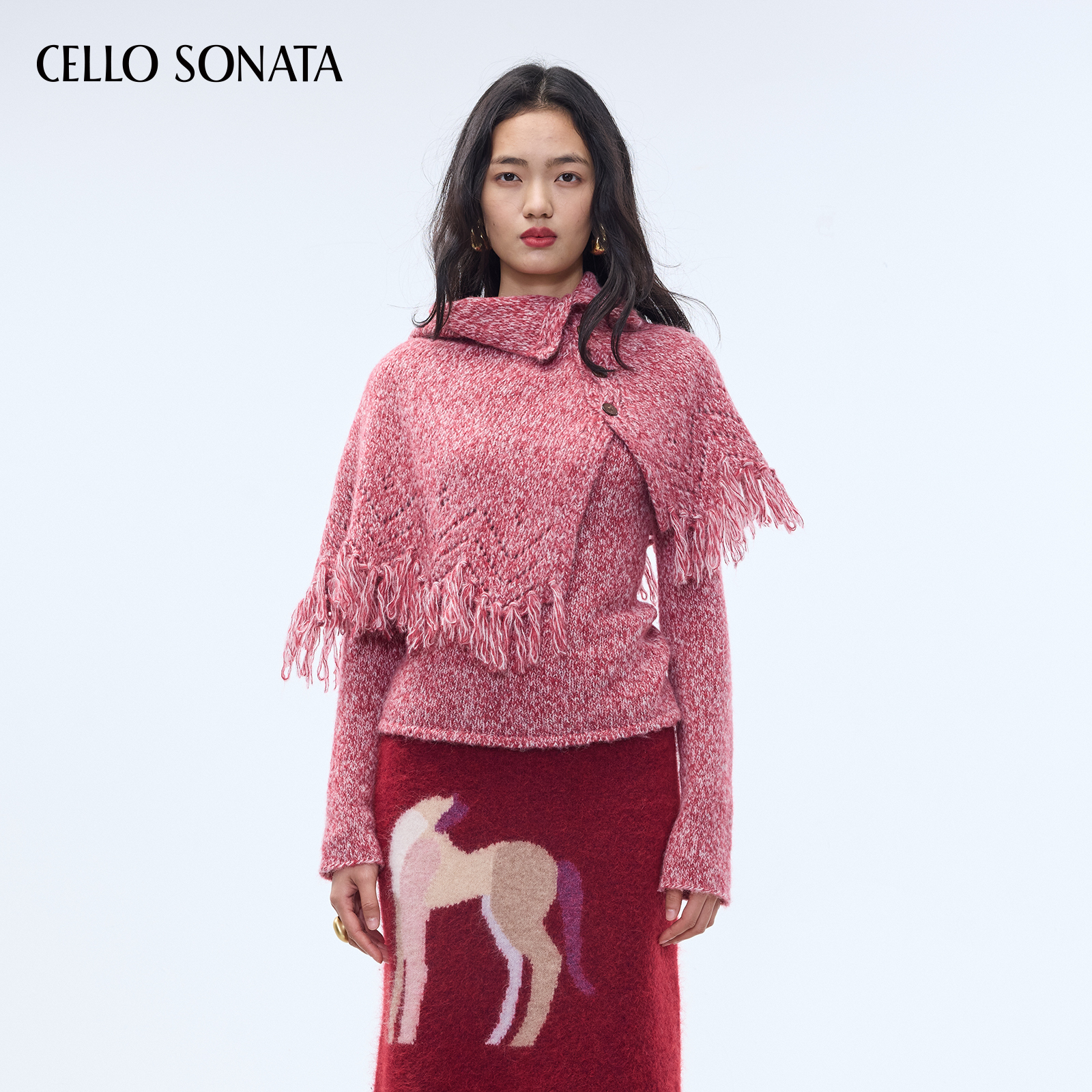 Cello Sonata马年限定 游牧风杂纱羊驼毛披肩斗篷两件套针织毛衣