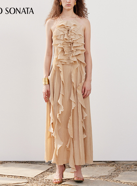 Cello Sonata春夏新品 荷叶边挂脖连衣长裙