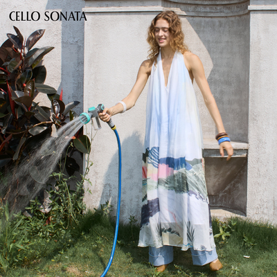 V领人丝印花无袖度假纱质连衣裙