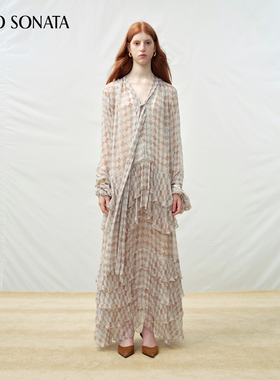 【李一桐同款】Cello Sonata25秋宽松人丝格子系带荷叶边长连衣裙