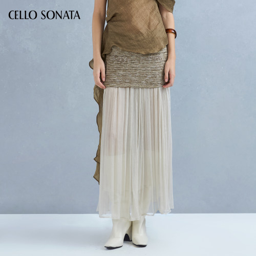 Cello Sonata春夏新款 度假风针织拼接轻纱半裙金棕色连衣裙