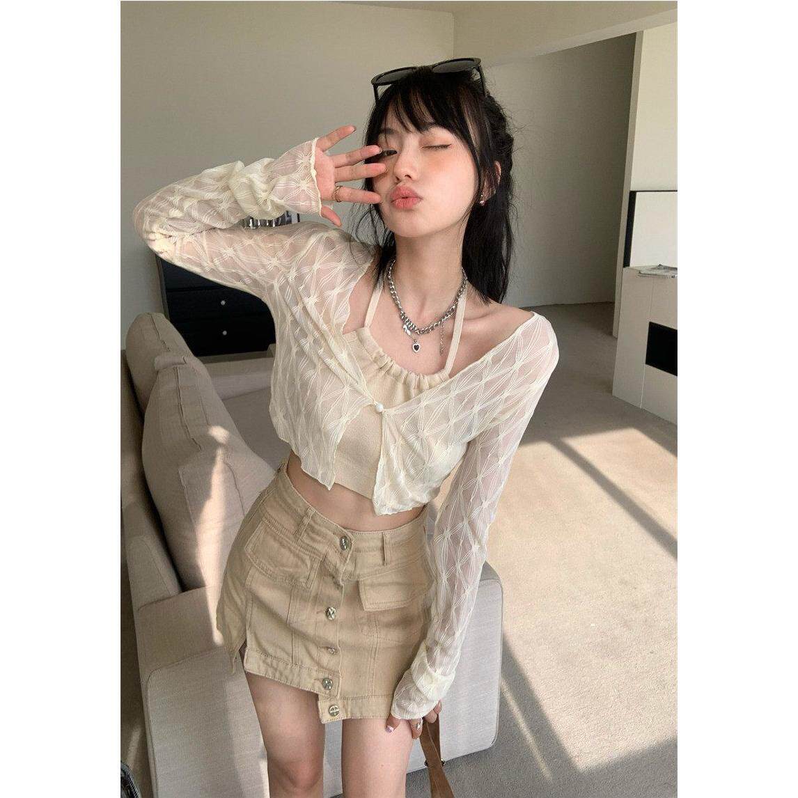 防晒上衣女披肩夏季冰丝针织辣妹小开衫配吊带外搭小坎肩薄纱上衣
