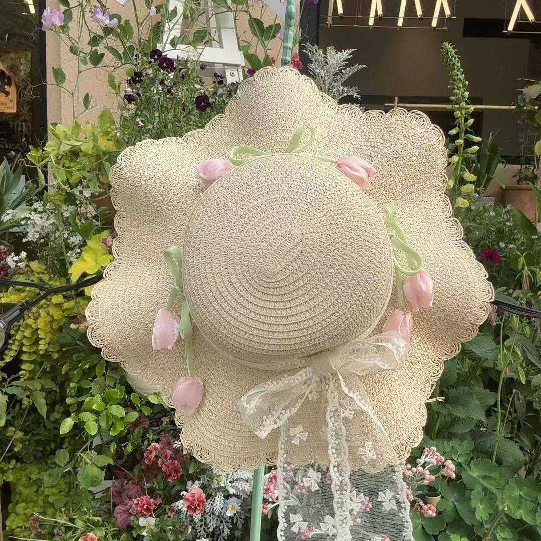 少女感粉色珠光郁金香草帽夏日温柔甜美蕾丝蝴蝶结夏季旅行帽防晒