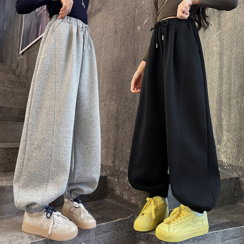 女童加绒裤子冬2025新款今年流行爆款儿童卫裤女孩大童黑色运动裤