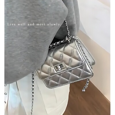 韩版时尚银色包高级包女包新款菱格链条包百搭简约单肩斜挎豆腐包