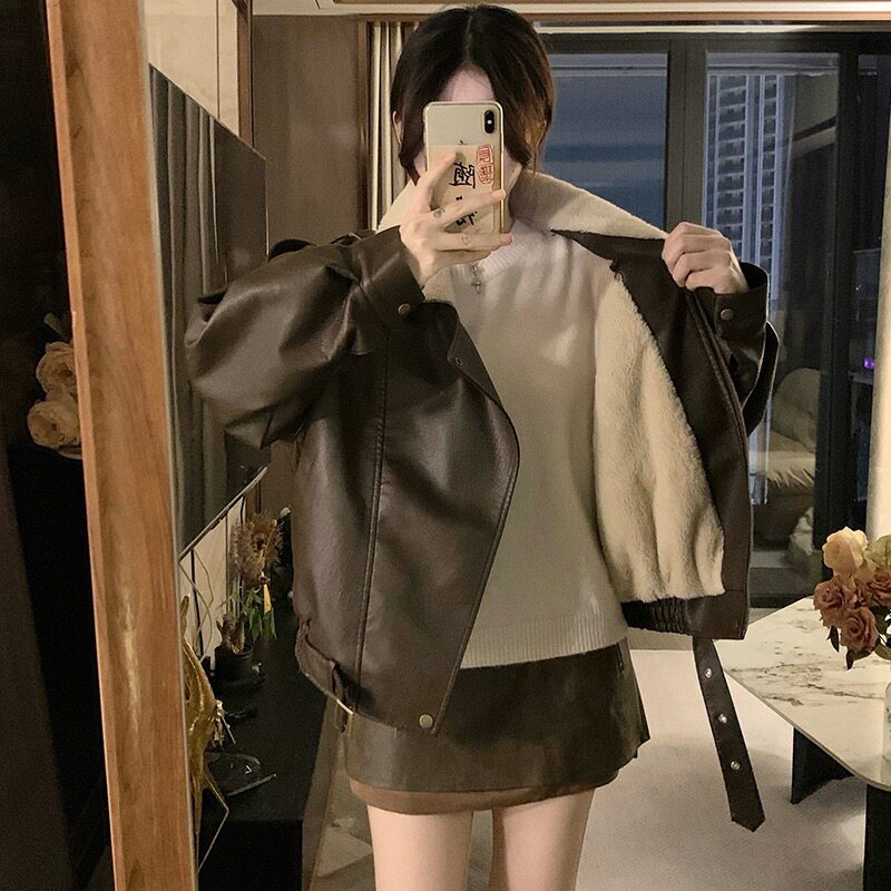 实拍  棕色皮衣羊羔毛外套女秋冬新款2025美式机车服廓形棉衣夹克