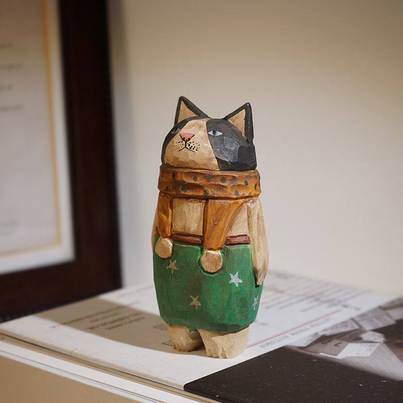 复古创意木雕猫咪个性桌面摆件手工雕刻工艺品书房办公室造景装饰