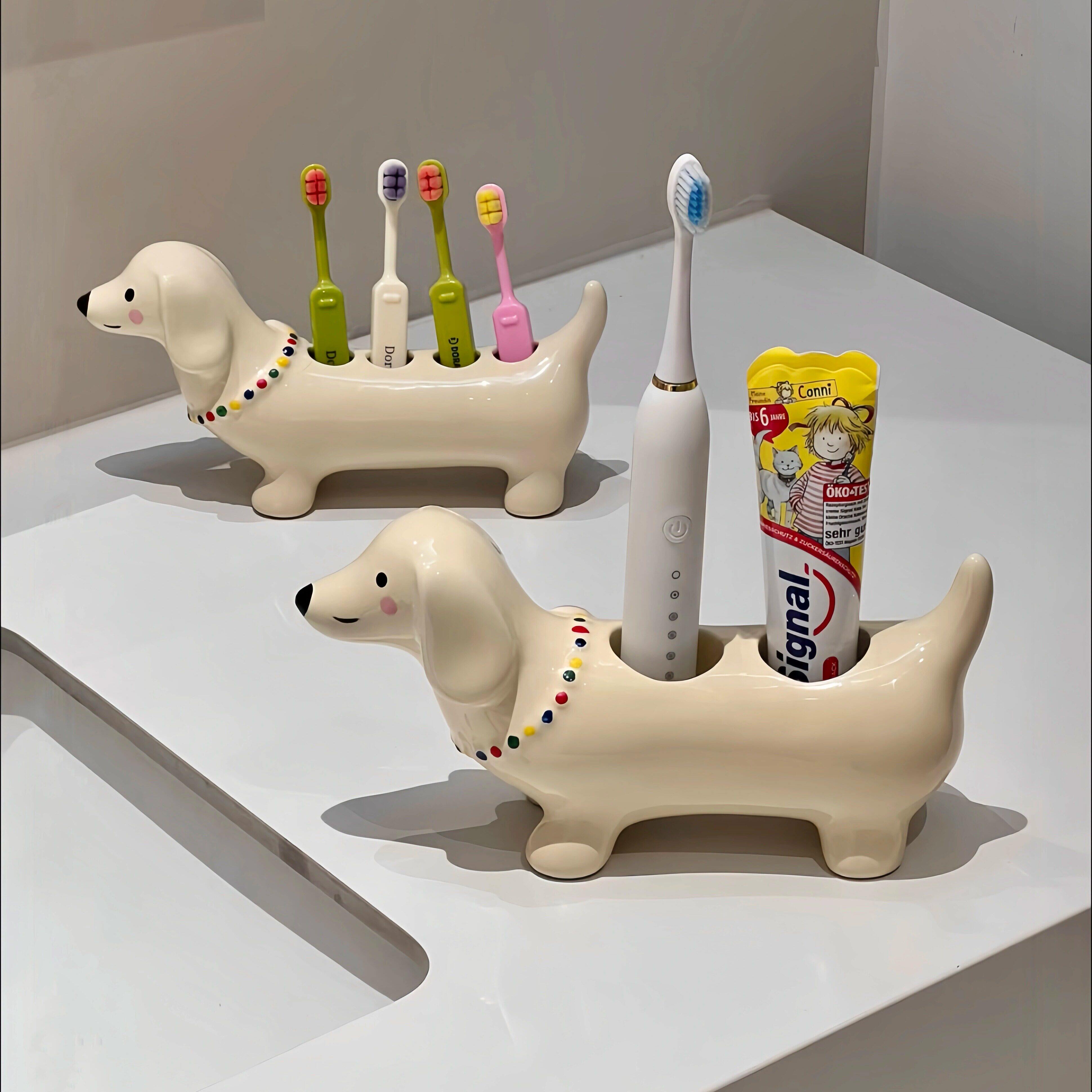 可爱腊肠狗牙刷架卡通陶瓷家用卫生间收纳手电动牙刷置物牙刷底座