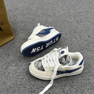 学生休闲德训板鞋 男ins潮2025新款 百搭牛仔蓝厚底面包鞋 港风经典