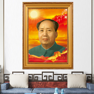 毛主席画像摆件客厅壁画油画布挂像伟人挂画装饰金太阳有框墙画