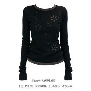 显瘦打底上衣 T恤女秋冬圆领修身 大码 高级感双层镂空花朵打底长袖