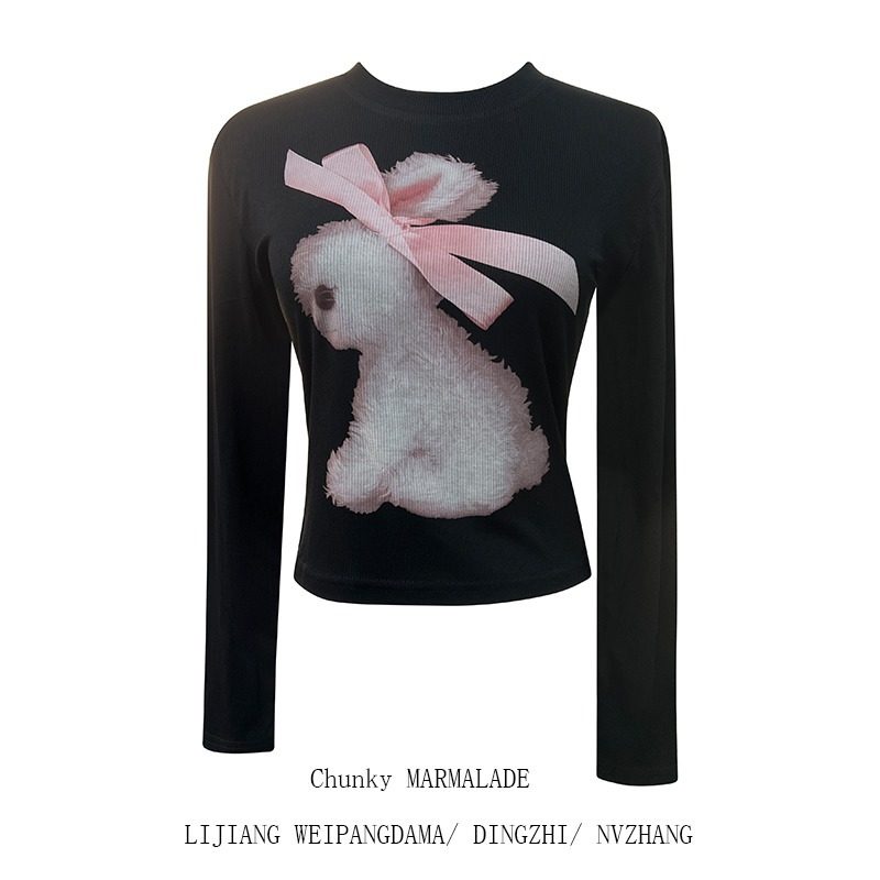 大码甜辣风黑色丝带兔印花正肩长袖t恤女秋季修身显瘦半高领上衣,女装/女士精品,大码内搭,淘宝优惠券,粉丝福利购,淘宝优惠卷
