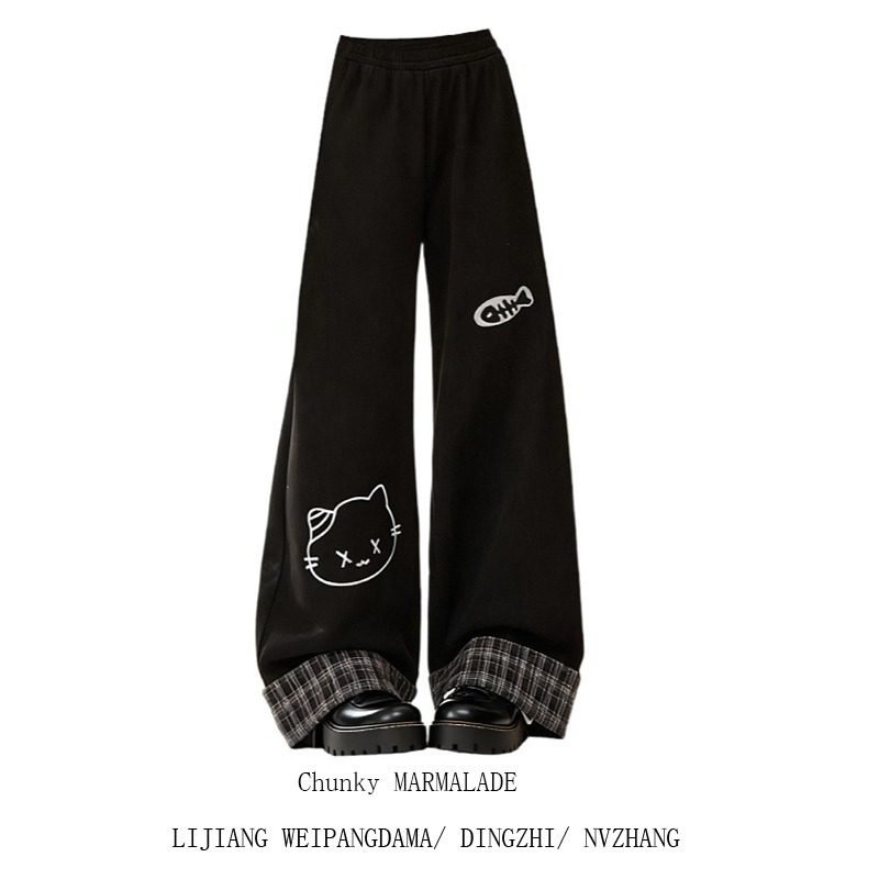 大码美式复古黑色卫裤休闲长裤女秋冬季设计感翻边直筒运动裤子潮,女装/女士精品,大码裤装,淘宝优惠券,粉丝福利购,淘宝优惠卷