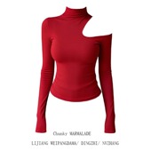 微胖mm修身 新年圣诞穿搭红色高领长袖 T恤女大码 百搭显瘦露肩上衣