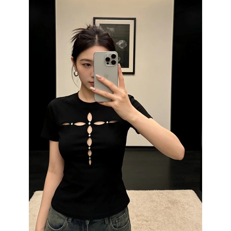 大码胖mm美式辣妹风十字架镂空短袖T恤女夏季新款显瘦气质上衣潮