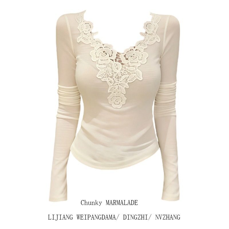 大码法式蕾丝V领长袖T恤女2026新款设计感修身显瘦打底衫气质上衣,女装/女士精品,大码内搭,淘宝优惠券,粉丝福利购,淘宝优惠卷