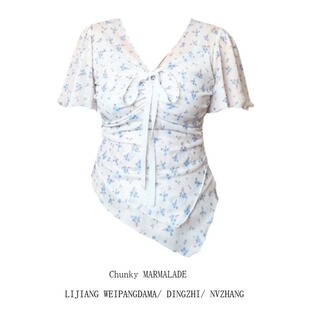 新款 t恤女夏季 巨好看漂亮上衣 胖妹妹纯欲碎花蕾丝系带V领短袖 大码