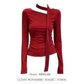 大码 新年氛围感红色绝美上衣ins T恤女秋冬季 美式 辣妹斜肩飘带长袖