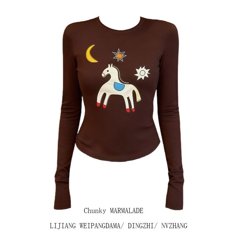 大码美式复古趣味小马刺绣圆领长袖T恤女2026新款显瘦打底衫上衣,女装/女士精品,大码内搭,淘宝优惠券,粉丝福利购,淘宝优惠卷